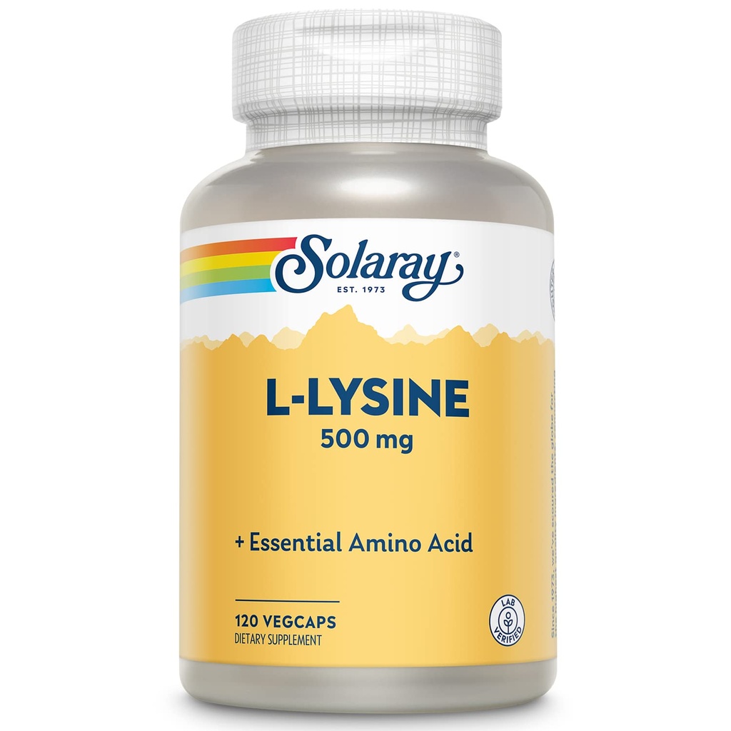 SOLARAY L Lysin 500 mg kapsler - Free- Form Essential Aminosyrer Supplement - Kraftfuld Wellness Support med L- Lysin Aminosyre - Lab Verified, 60- Day Garanti, 120 Servere, 120 VegCaps