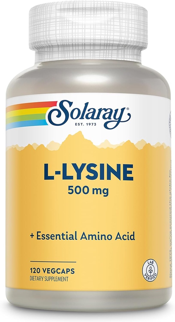 SOLARAY L Lysin 500 mg kapsler - Free- Form Essential Aminosyrer Supplement - Kraftfuld Wellness Support med L- Lysin Aminosyre - Lab Verified, 60- Day Garanti, 120 Servere, 120 VegCaps