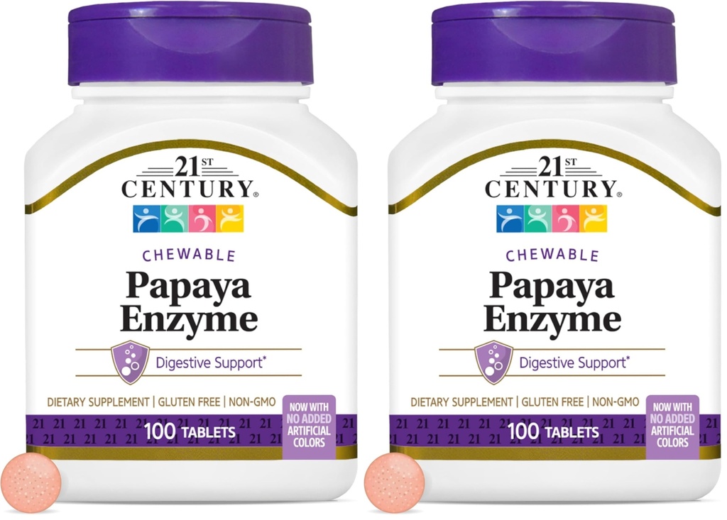 21st Century Papaya Enzyme Chewable (100 Count), Papaya & Pineapple Digestive Enzymes for Gut Health, Tropical Flavor, Non-GMO, Gluten-Free, No Added Salt, Artificial Flavors (Pack of 2)