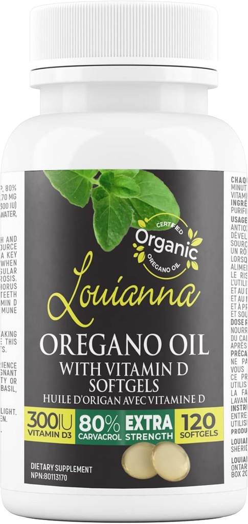 Louianna - Organic Wild Oregano Oil med D-vitamin, flydende softgel kapsler med 80 Procent Carvacrol, understøtter dine knogler, immunforsvar og tandkød, Urtetilskud, 120 Softgel
