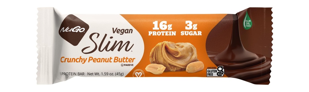 NuGo Slim Crunchy Peanut Butter, 16g Protein Bar, Vegan, Gluten Free, Non-GMO, Kosher, Keto Friendly, Low Carb,1.59oz Bar