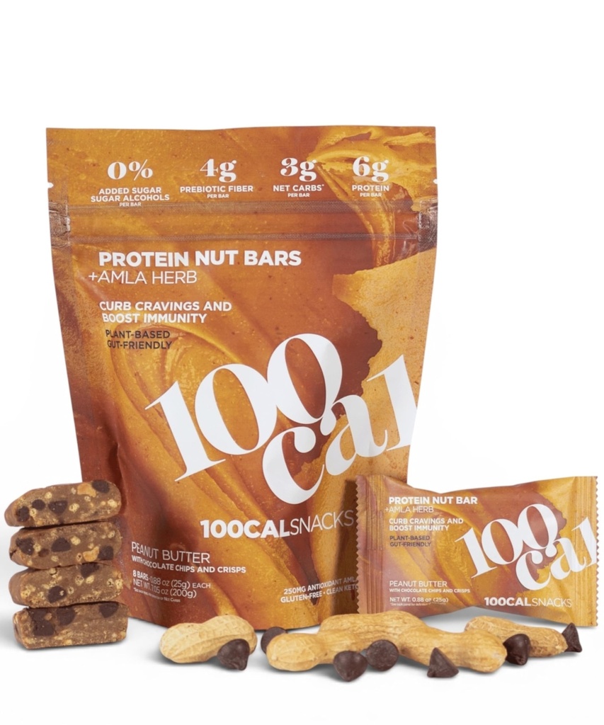 100Cal Snacks Peanut Butter Chocolate Chip Protein Bar, 100 Calorie with 6g Plant Protein, 3g Net Carb, High Fiber Gluten Free – Vegan Energy Bar with Amla, Keto Snack Bars 8ct