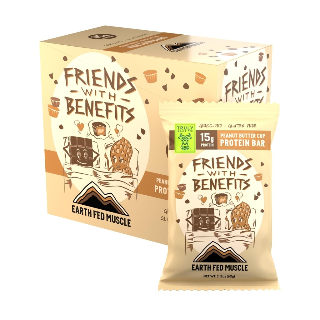 Earth Fed Muscle Friends with Benefits Chocolate Peanut Butter Grass Fed Whey Protein Bars | 15g Protein Snack | Gluten Free, Non-GMO, All-Natural Peanut Butter Energy | 2.12 oz Bars (10 Count)