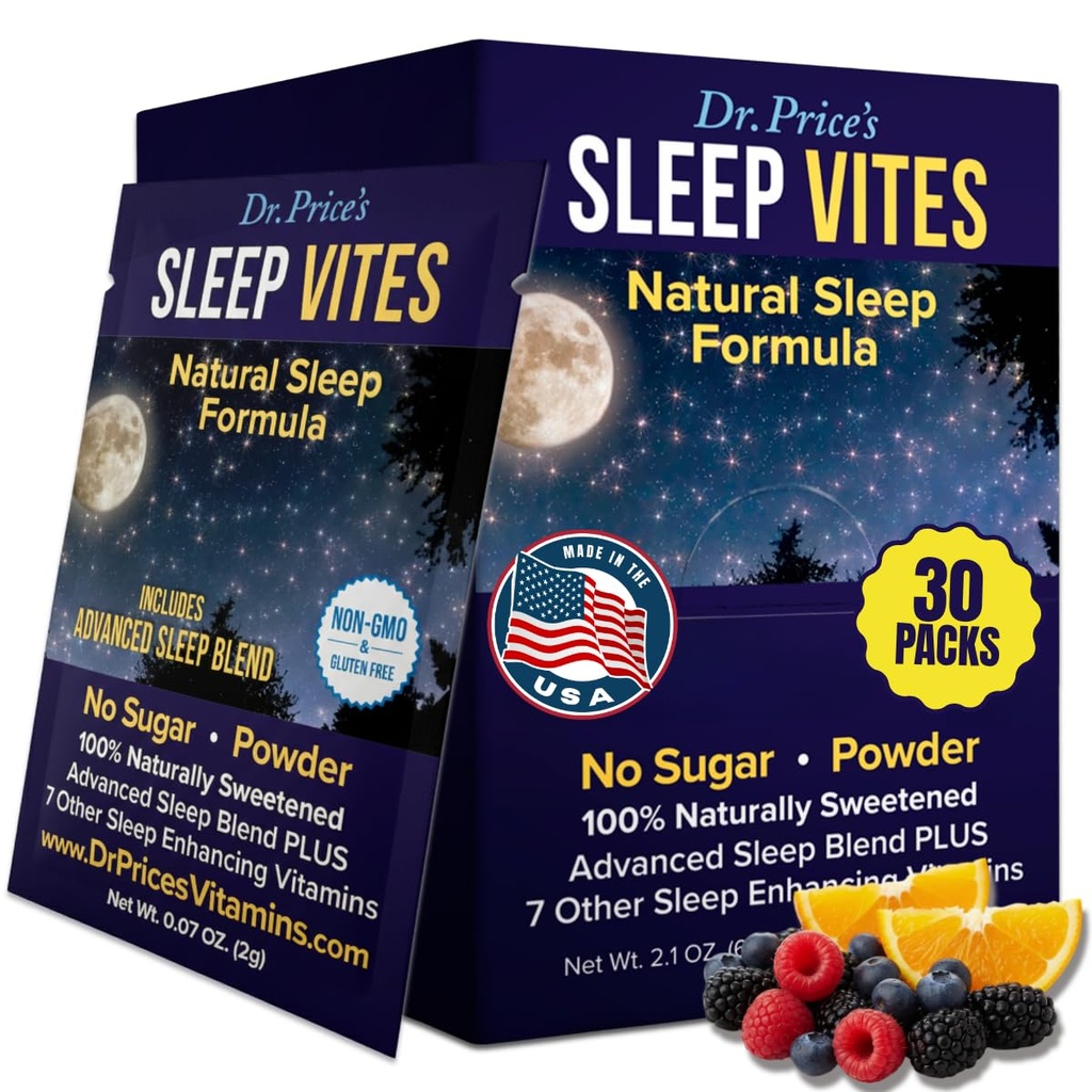 Dr. Prices Vitamin Natural Sleep Aid - Sleep Supplement - Melatonin til søvn - 30 Pakker - Sleep Aids Voksne, Tryptophan, Calming Magnesium Powder, Ikke Drowsy Sleep Support