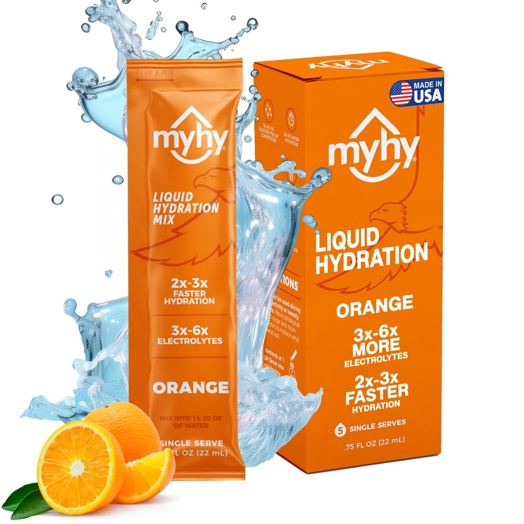 MyHy Liquid Hydration Packets - Electrolytes Hydration Packets for Pregnant Women, Electrolytes Daily Liquid Mix for Adults & Kids, Travel, Fitness, Bachelor & Bachelorette Party, Orange 5 Count