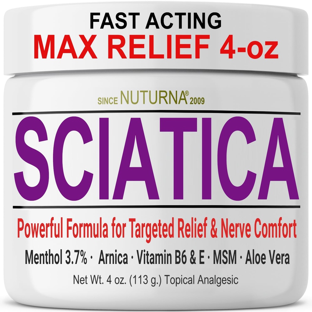 Sciatica Nerve Cream - Maksimal styrke Comfort Cream til fødder, hænder, ben, tæer, tilbage - Natural Ultra Strength Arnica, MSM, Menthol, Lindrende Comfort, Stor 4 Oz