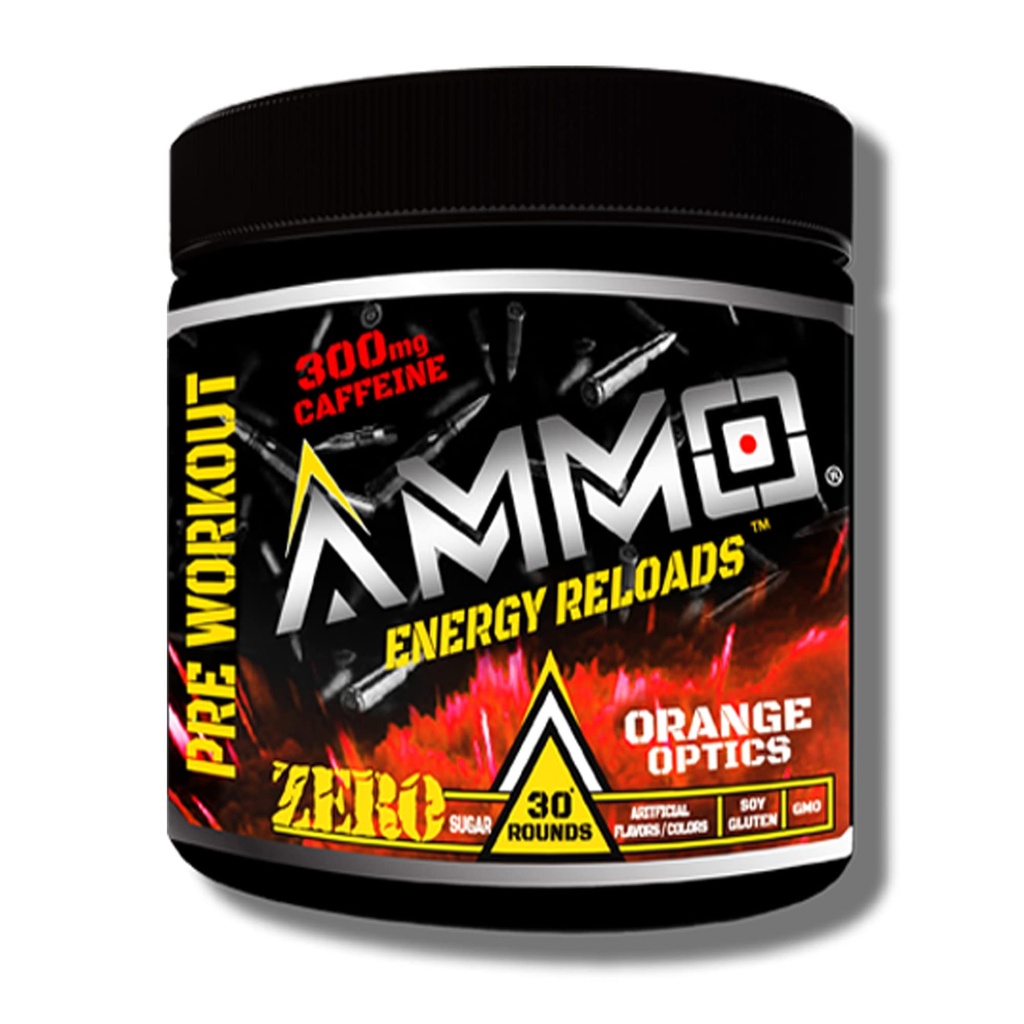 AMMO ® Energy Reloads™ Pre Workout Powder - 300mg Caffeine Zero Sugar Vital Aminos and Electrolytes No Artificial Flavors or Colors (Orange Optics)