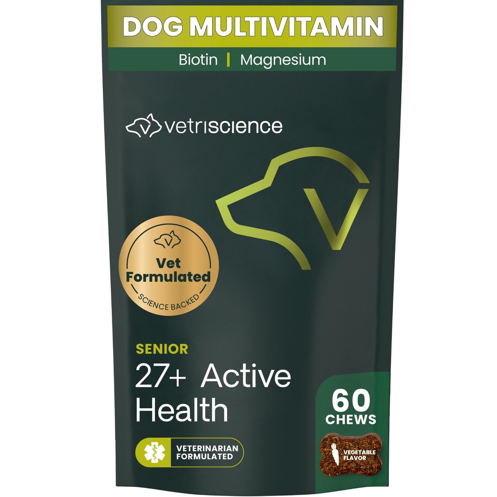 VetriScience Senior 27 + Aktive Health Chews, Canine Plus Daily Multivitamin for Senior Hunde, Balancerede Vitamin, Mineraler og Antioxidanter, Sund Aging og Wellness Support, Veggie, 60 Greve