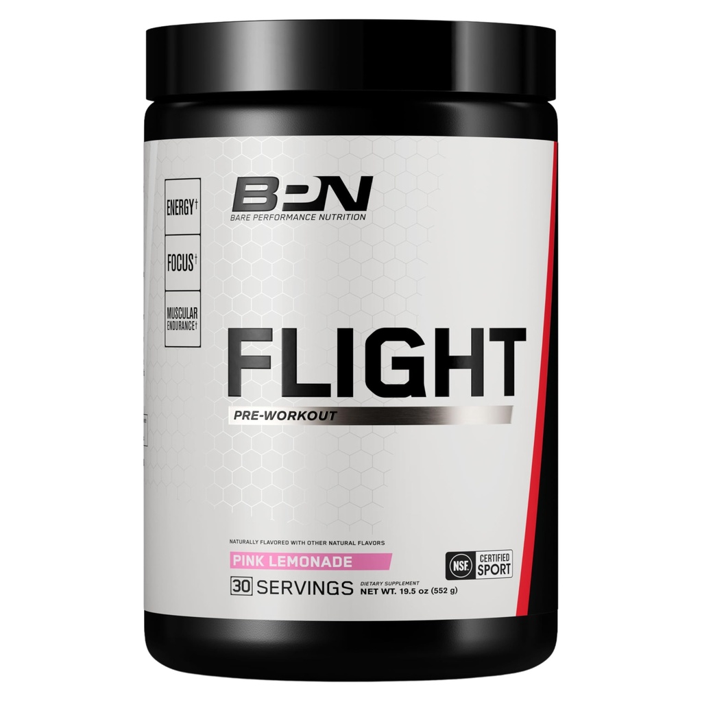 BPN Flight Pre Workout, understøtter energi og mental fokus, forbedret udholdenhed og muskelpumper med CarnoSyn ® Beta Alanine, Pink Lemonade, 30 Serveringer