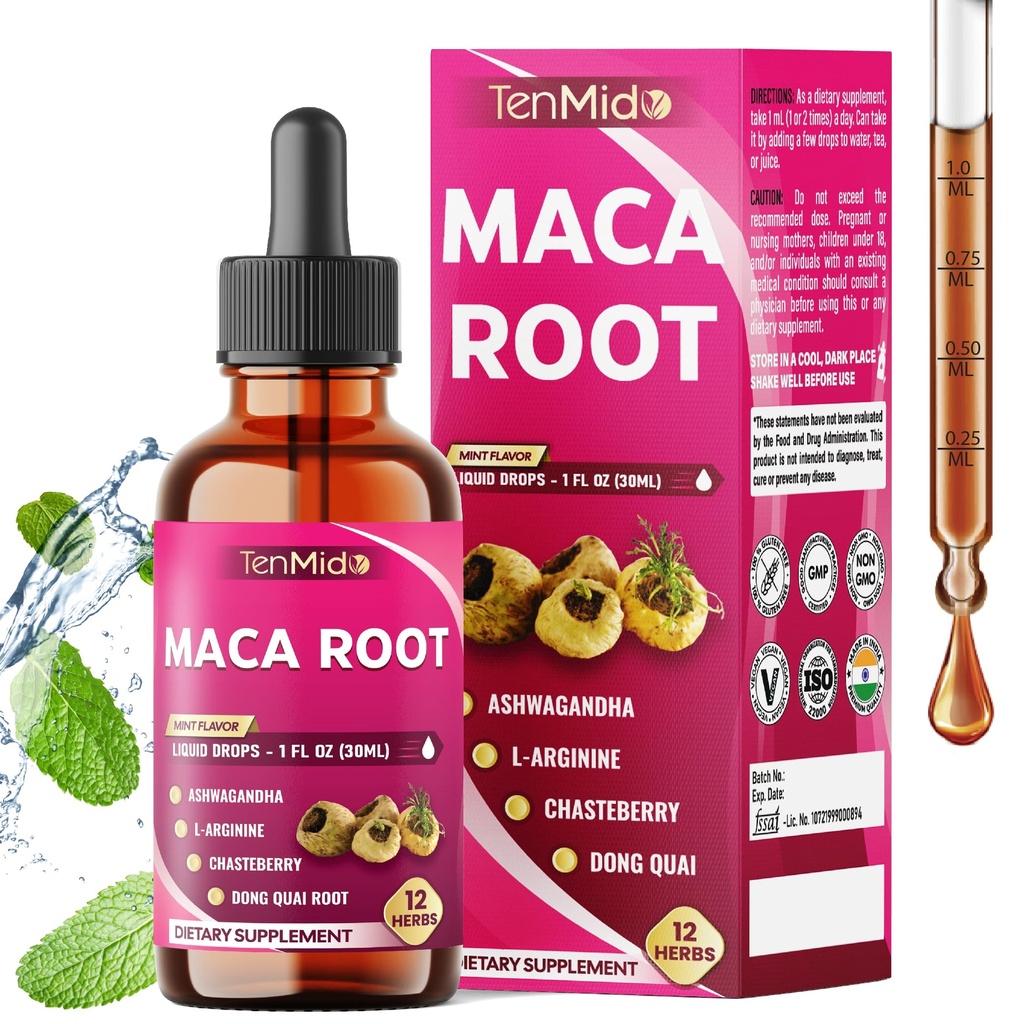 12in1 Maca Root Liquid Drops with Ashwagandha, L-Arginine, Chasteberry, Dong Quai, Black Cohosh, Shatavari, Red Raspberry, Rhodiola Rosea, Calendula and More - 30ml 1 Fl Oz