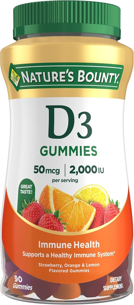 Nature 's Bounty Vitamin D3 Gummies, Vitamin tillæg, understøtter immunforsvar, 50mcg, 2000IE, blandet frugt flavor, 90 Gummies