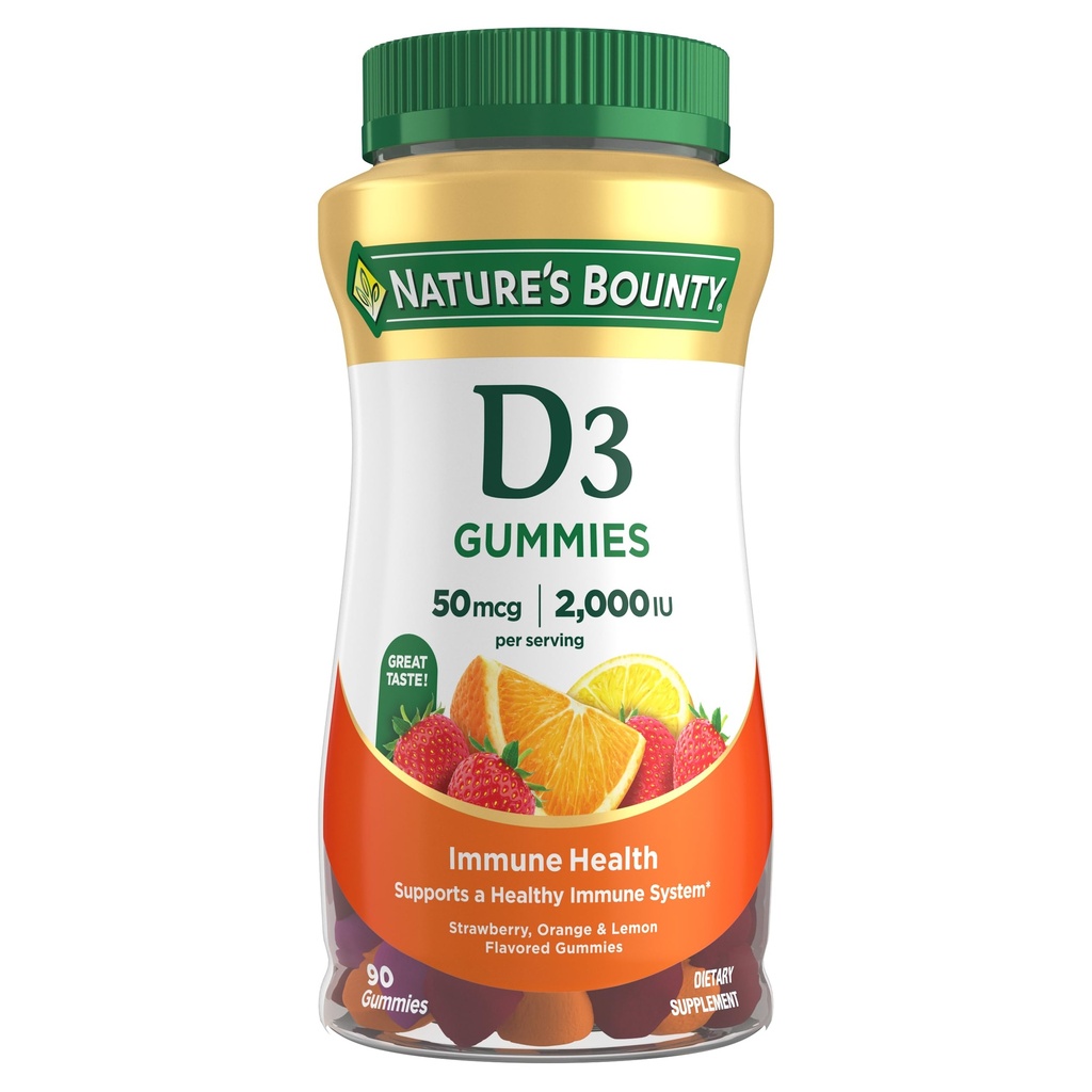 Nature 's Bounty Vitamin D3 Gummies, Vitamin tillæg, understøtter immunforsvar, 50mcg, 2000IE, blandet frugt flavor, 90 Gummies