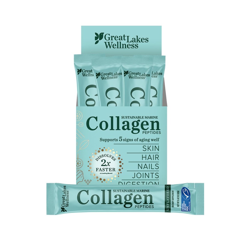 Great Lakes Wellness Sustainable Marine Collagen Peptides - Wild Caught MSC Certified, Unflavored Hydrolyzed Protein Powder Support for Skin, Hair, Nails, Joints & Digestion - iGen Non-GMO - 20 sticks