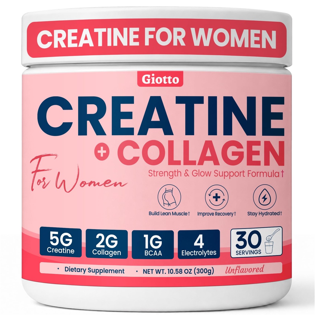 Giotto Creatine for Women, Micronized Creatine Monohydrate Powder with Collagen BCAAs and Electrolytes, Support Glute Gains, Lean Muscle, Energy Recovery & Hydration, Unflavored, 30 Servings