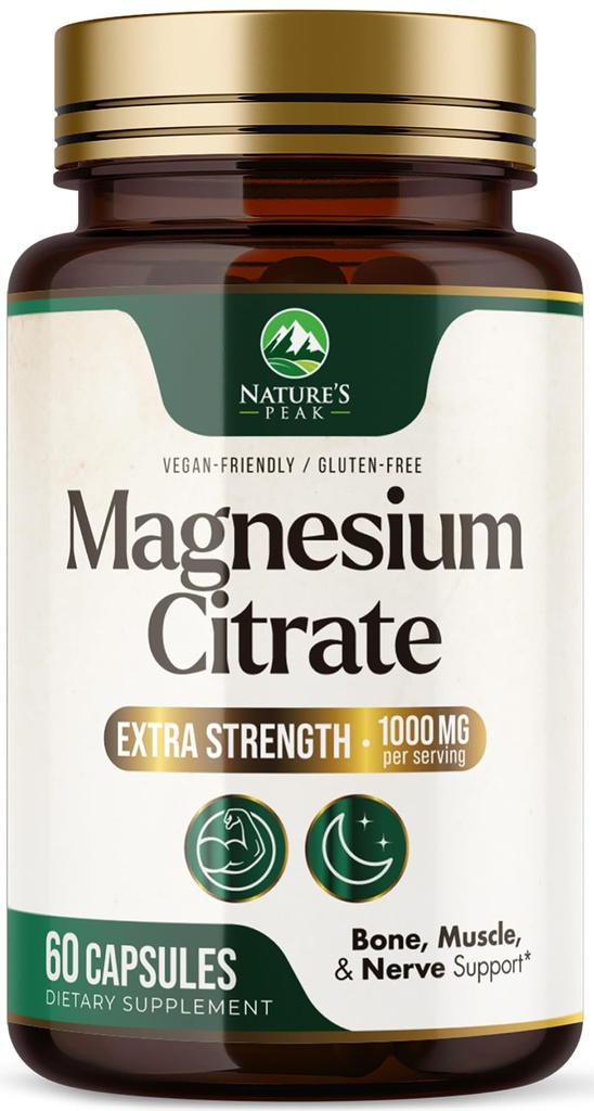 Magnesium Citrate 1000mg - Høj Absorption Magnesiumtillæg understøtter muskel, ben, nerve & hjerte sundhed - Ekstra styrke Magnesio Complex piller - Non- GMO, Premium Energy Formel - 60 kapsler