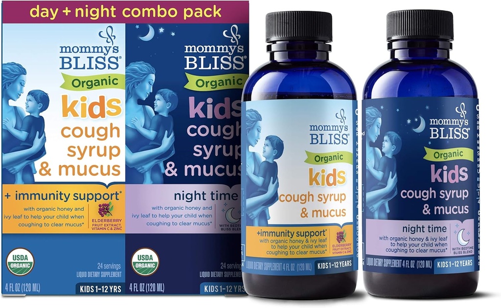 Mors Bliss Organic Hoste Syrup & Mucus til børn, Dag og nat Combo Pack med C-vitamin og immunforsvar, Indeholder Organic Honey and Ivy Leaf, 4 Fl Oz (pakke af 2)