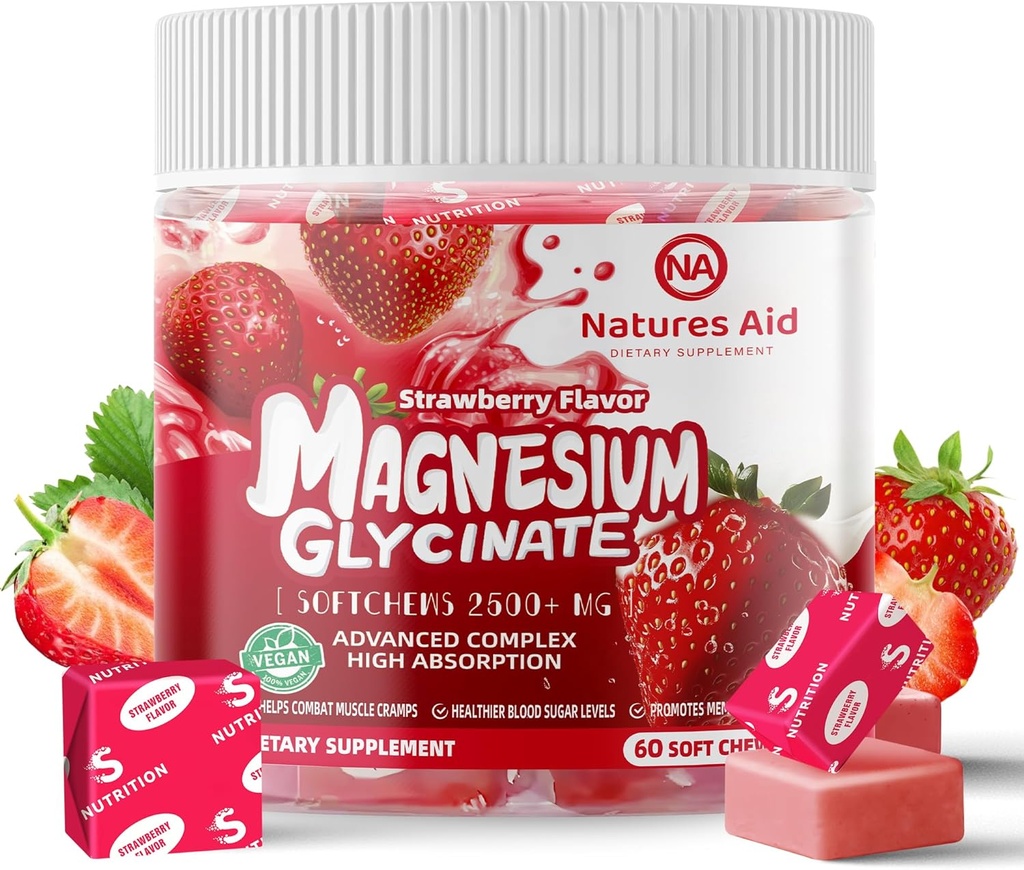 Magnesium Glycinat Soft Chews, Strawberry Flavor. Chewable Sugar Free Kalium Magnesium Chews med Magnesium Glycinat, D-vitamin, B6, og CoQ10 for rolig support og søvn for voksne, 60 dages forsyning