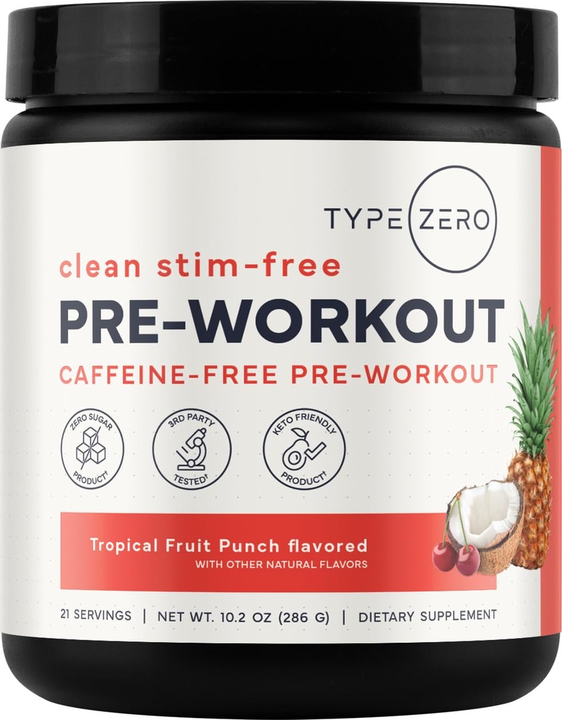 Type Zero Clean Stim Free Pre Workout Powder + Nitric Oxide Booster with L-Citrulline Malate, Arginine AKG, Beta Alanine - Caffeine & Stimulant Free - Tropical Fruit Punch Flavor, 21 Servings