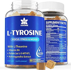 L Tyrosine Gummies 1100mg Mood Support Blend med Ashwagandha, L-Theanine, B-vitamin Complex B6, Folate B9, for Focus & Memory, Cognition & Brain Function, Energy Boost, Stress Support, Vegan 60Cts