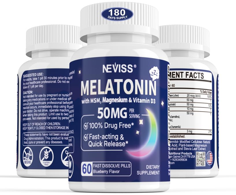 Melatonin 50 mg til voksne - Extra Strength 9- in-1 Fast opløsning Sublingual - w / vitamin D3 & MSM, Afslappende Herbal Blend- Ashwagandha, Lemon Balm, Passionflower, Kamille, Sugar Free, Vegan 180 Servering