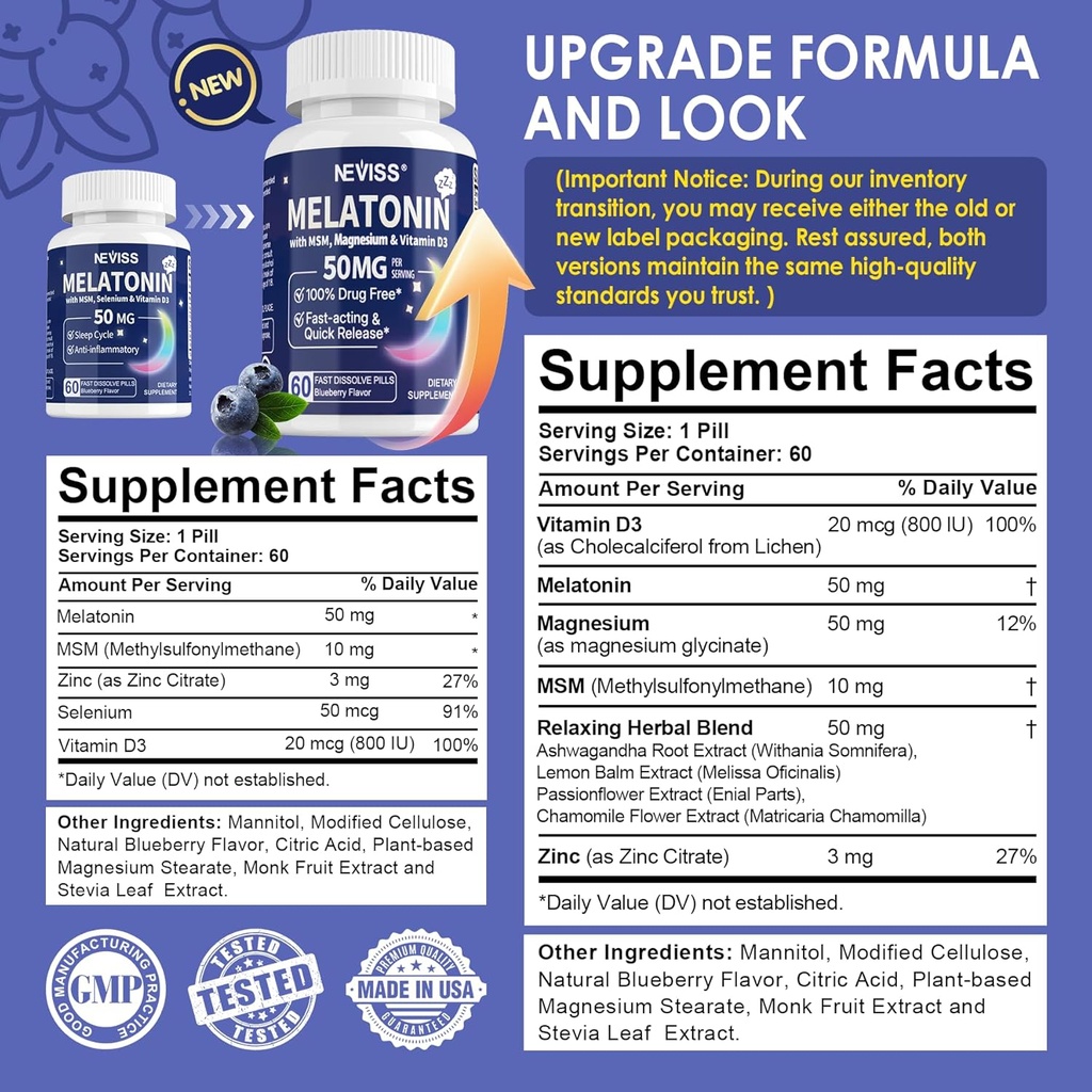 Melatonin 50 mg til voksne - Extra Strength 9- in-1 Fast opløsning Sublingual - w / vitamin D3 & MSM, Afslappende Herbal Blend- Ashwagandha, Lemon Balm, Passionflower, Kamille, Sugar Free, Vegan 180 Servering