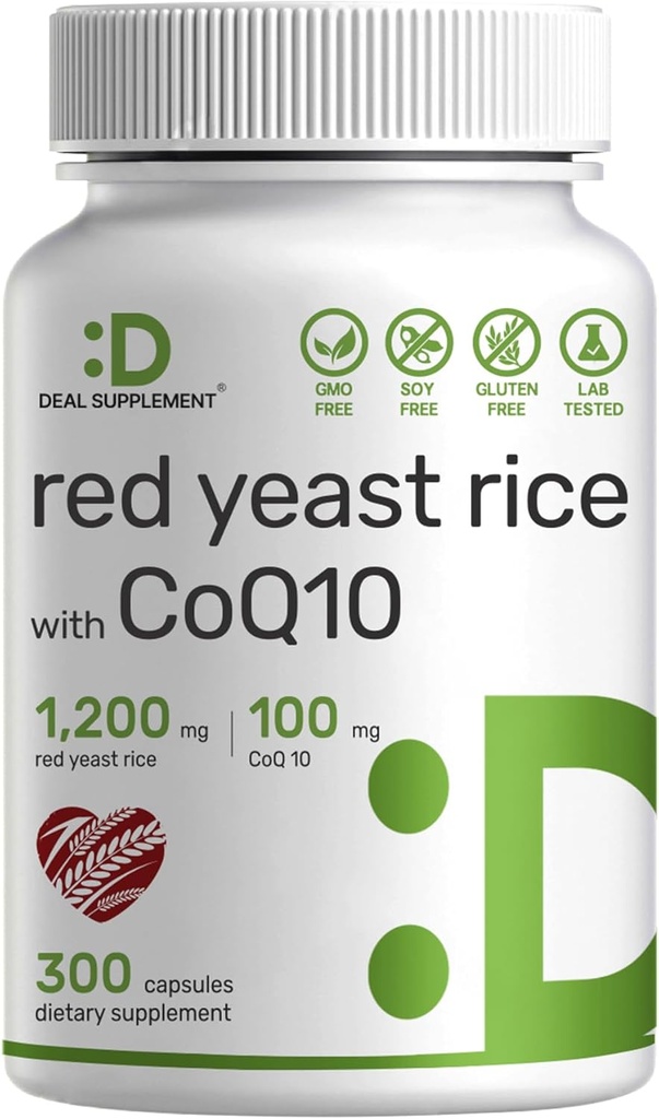 Deal Supplement Red Yeast Rice 1,200mg Per servering med CoQ10, 300 kapsler - Antioxidant Support - Pure Montex Purpureus Powder Source - Citrinin fri, ikke-GMO