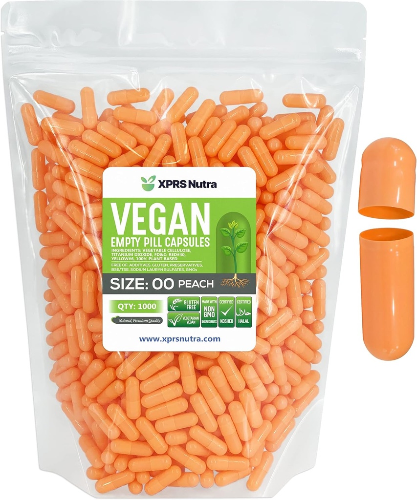 XPRS Nutra Size 00 Empty Capsules - 1000 Count Empty Vegan Capsules - Vegetarian Empty Pills - DIY Vegetable Capsule Filling- Veggie Pill Caps (Peach)