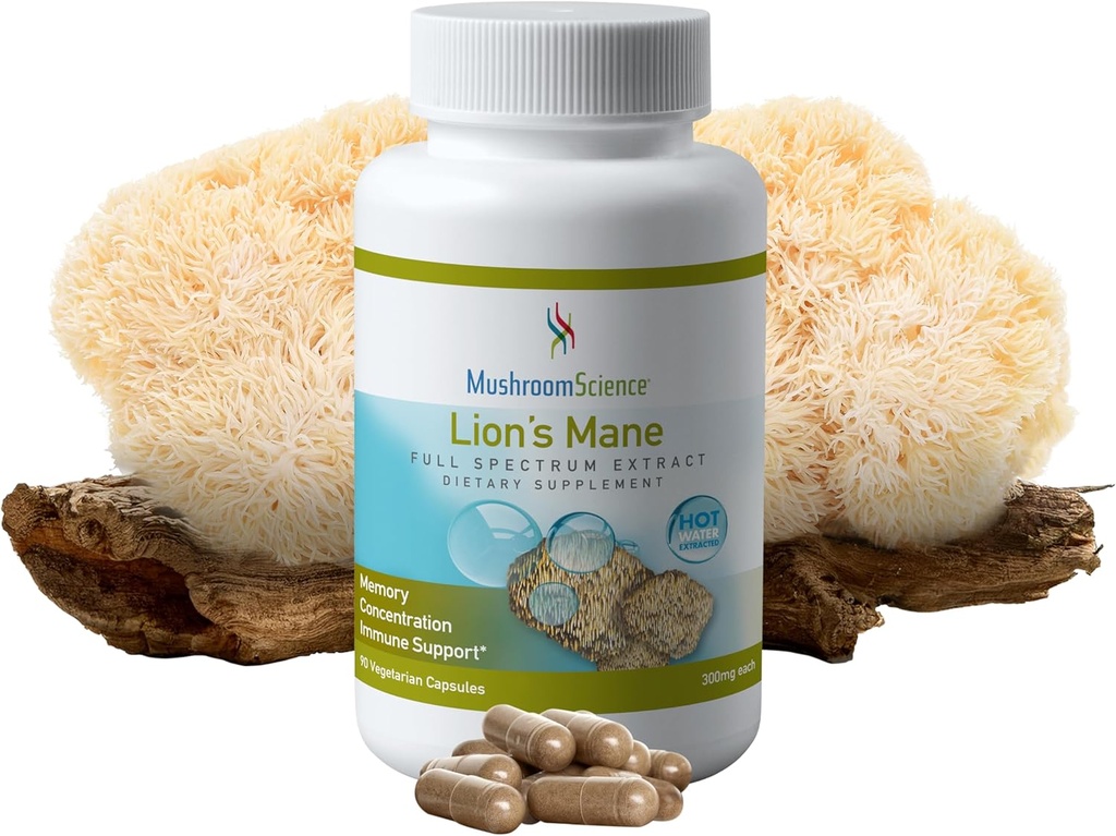 MushroomScience Lions Mane Mushroom Capsules, Memory & Concentration Support, Fuld Spectrum Extract, Mushroom Supplement for voksne, Varmt vand Udtrukket Mushrooms, Vegetarisk, 300MG, 90 ct