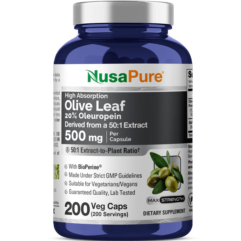 NusaPure Olive Leaf 20% Oleuropein 50: 1 Extract, 500 mg svarende til 25. 000 mg 200 Veg Caps Velegnet til vegetarer og Veganere, Non- GMO