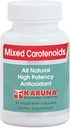 Karuna Blandede carotenoider; 30 vegetariske kapsler; 124; Alpha- og beta- carotener, Lutein 5mg, lycopen 2,5 mg, zeaxanthin 246mcg, og cryptoxanthin 8mcg; Omfattende antioxidant formel