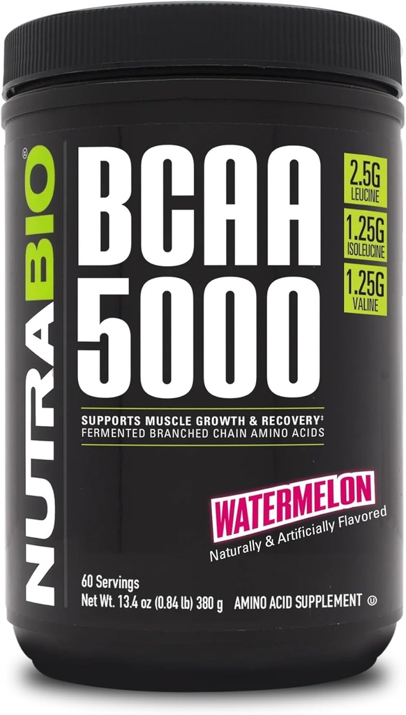 NutraBio BCAA 5000 Powder - Vegansk Gæret BCAA - Understøtter Lean Muscle Growth, Recovery, Endurance - 60 Servere - Watermelon