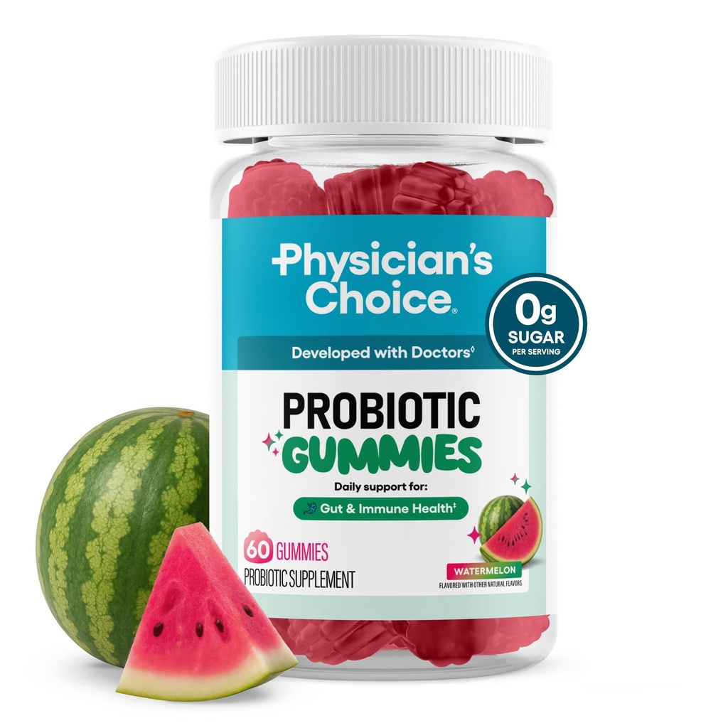 Physician's CHOICE Probiotic Gummies with Vitamin D & Prebiotic Fiber - Sugar Free - 1B CFUs of Clinically Studied Probiotic - Supports Immune & Gut Health for Women & Men - Watermelon Flavor - 60CT
