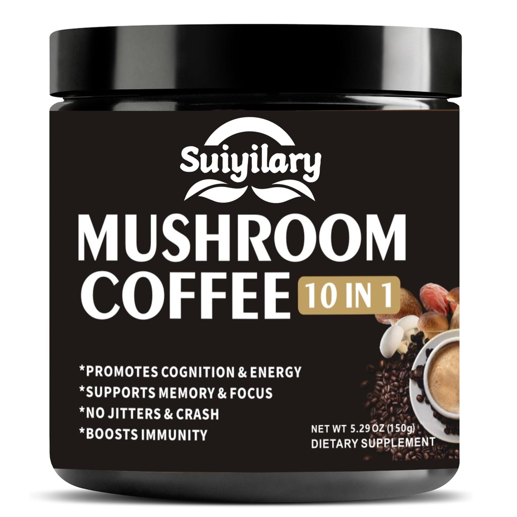 Mushroom kaffe, 10 Mushroom ekstrakt Powder Blend Lions Mane, Reishi, Chaga, Cordyceps, Tyrkiet Hale, Brain Kosttilskud med Instant Coffee for Energy, Focus, Hukommelse og Immunitet 150g