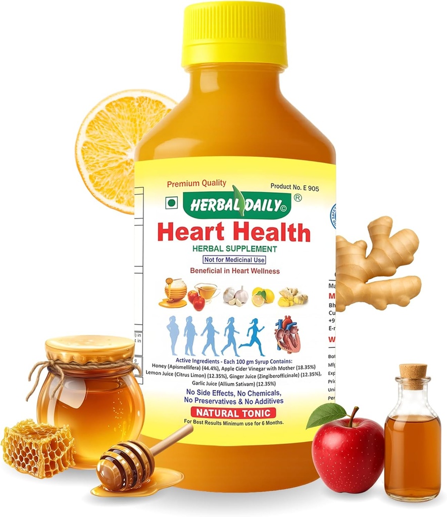 Heart Health 400 ml Kosttilskud - Understøtter hjerte wellness og lawers Cholesterol - Apple Cider Vincipeter (ACV), hvidløg Juice, Ingefær, Lemon, og honning - 1 flaske