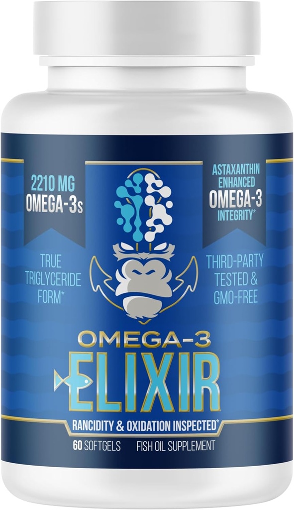 Gorilla Mind Omega-3 Elixir ™ ä 124; 2210mg Fish Oil Re- Esterified Triglyceride Form • 124; EPA, DHA + 2 Fedtsyrer • 124; Astaxanthin Infusion for Bolstered Integrity • 124; 3. part & Rancidity Tested • 124; 60 Softgels