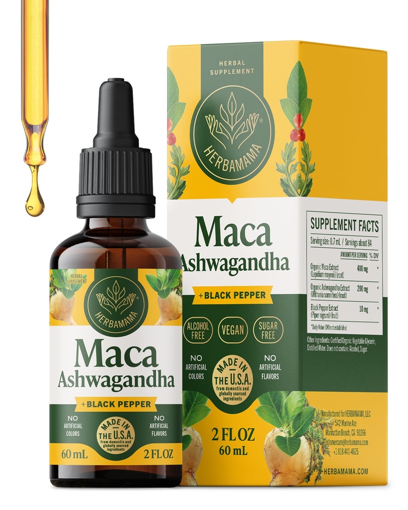 HERBAMAMA Ashwagandha Maca Drops - Vegan Mood Support & Overall Well-Being with Ashwagandha and Maca Root Extract Tincture - Non-GMO, Alcohol & Sugar-Free Women & Men Support Supplement, 28-Day Supply