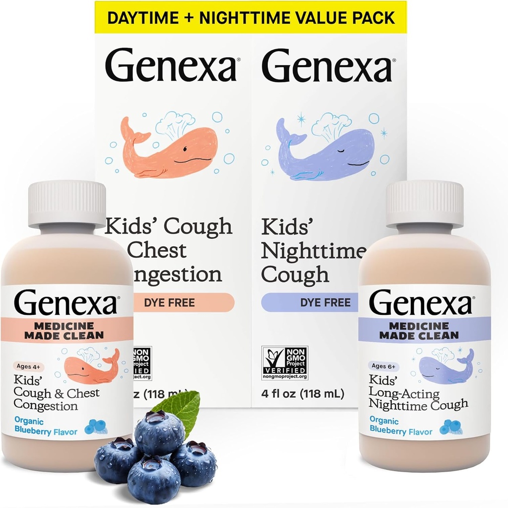 Genexa Kids 'Clean Day & Night Hough Medicine, Dye Free, 0% kunstige tilsætningsstoffer, Børne Hough, Bryst Congestion, Runny Næse & Nysen Relief, Age 6 +, Økologisk Blåbær Flavor, 8 fl oz (2 Pack)