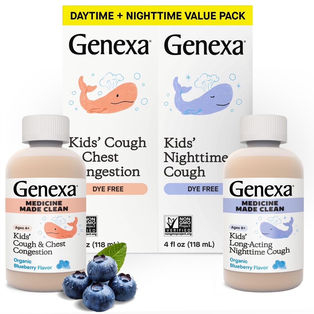 Genexa Kids 'Clean Day & Night Hough Medicine, Dye Free, 0% kunstige tilsætningsstoffer, Børne Hough, Bryst Congestion, Runny Næse & Nysen Relief, Age 6 +, Økologisk Blåbær Flavor, 8 fl oz (2 Pack)