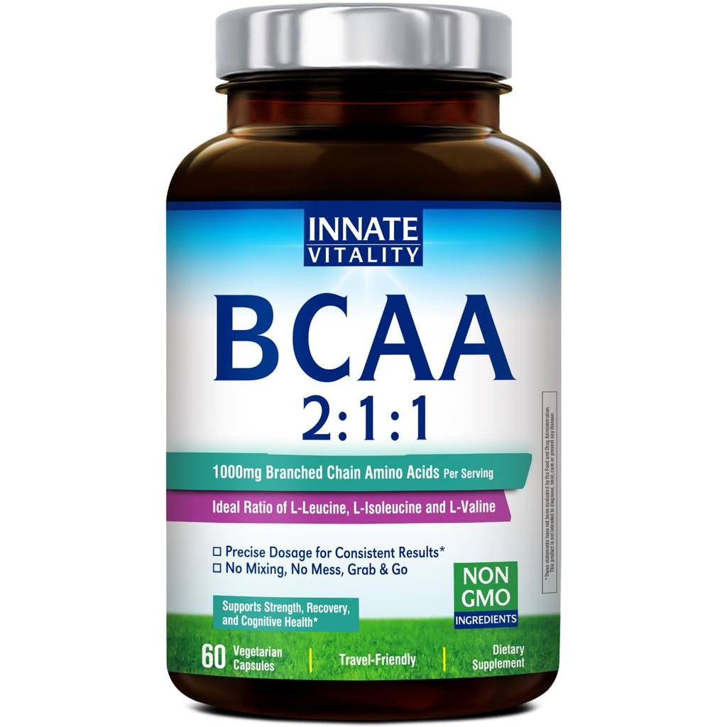 Innate Vitality BCAA Capsules, for Men & Women, 2:1:1 Branched Chain Amino Acids, L-Leucine, L-Isoleucine, L-Valine, No Mixing, No Mess, Energy, Recovery, Focus, On-the-Go, Non-GMO, 60 Count