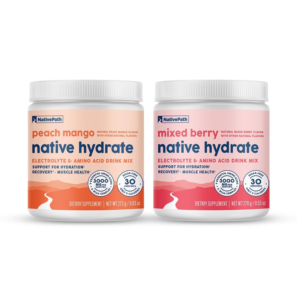 NativePath Hydrate Duo - Mixed Berry & Peach Mango Electrolyte Drink Mix with BCAA for Hydration