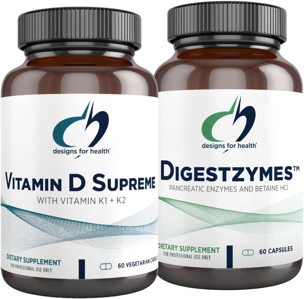 Designs for Health Vitamin D Supreme + Digestzymes Digitale Enzymes Bundle - Vitamin D3 5000 IE med 2000mcg Vitamin + fordøjelsesstøtte Enzymer med betain HCl - 2 produkter