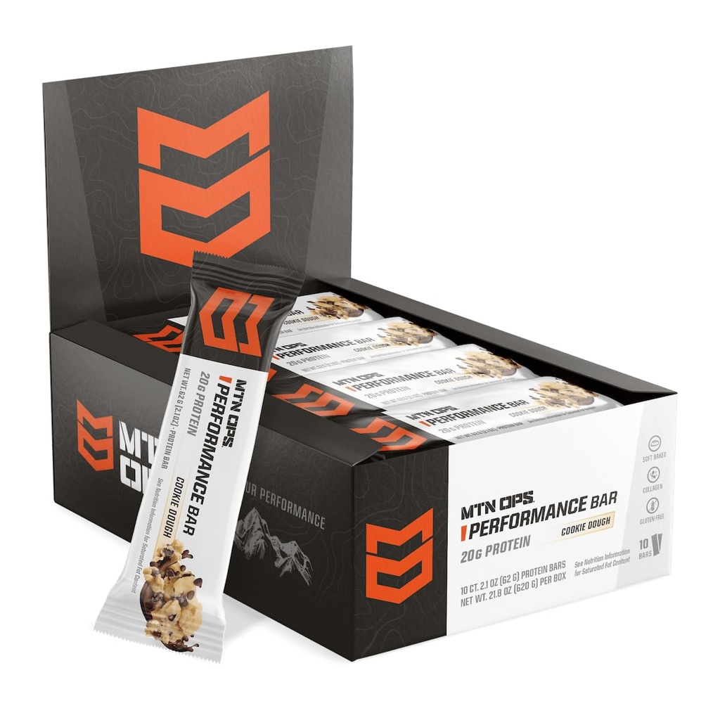 MTN OPS Protein Bars – High Protein Bar with 20g Whey Isolate & Collagen, Low Sugar, Gluten-Free Protein Snack, Cookie Dough, 10 Bars