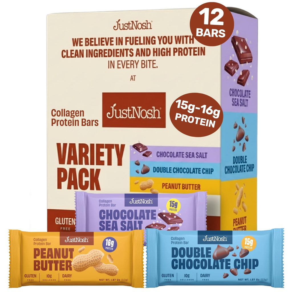 JUSTNOSH Best Sellers Sampler Pack Collagen Protein Bars – 15g Protein, 10g Collagen | Gluten & Dairy Free, Low FODMAP, Seed Oil Free (12 Pack)
