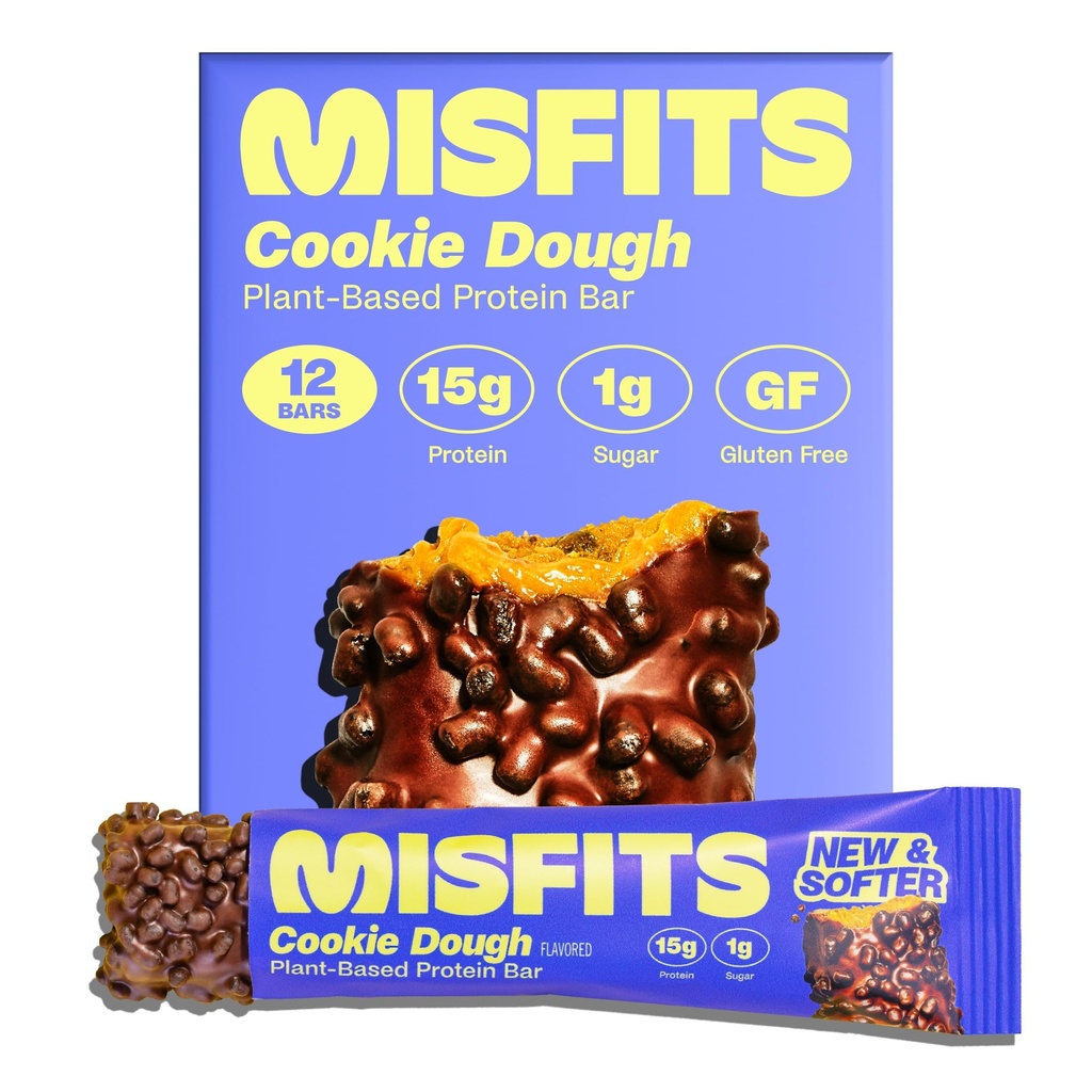Misfits Vegan Protein Bars - Chewy Cookie Dough | Nutrition Bars - 15g Protein, 1g Sugar, Plant-based, Low Carb, Non-GMO, Gluten Free Snacks | Pack of 12