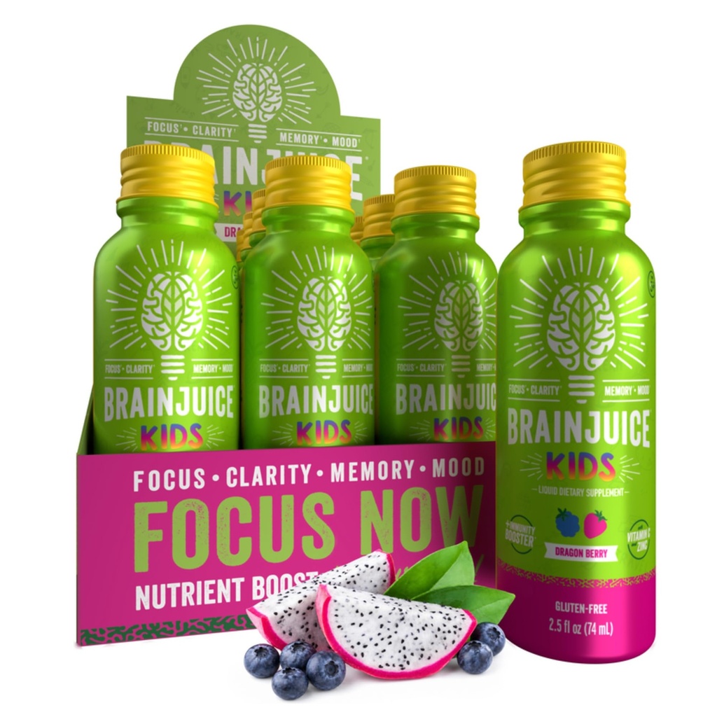 BrainJuice Kids Brain & Immunsupport Shot, Gluten Free Supplement Shots for Energy, Fokus, Immunitet med D-vitamin, C, B, Alpha GPC & Organic Ginger Root, Age 5 +, Dragon Berry, 2,5 fl oz, 12 Pack