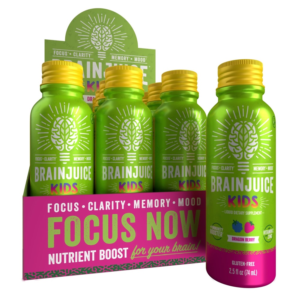 BrainJuice Kids Brain & Immunsupport Shot, Gluten Free Supplement Shots for Energy, Fokus, Immunitet med D-vitamin, C, B, Alpha GPC & Organic Ginger Root, Age 5 +, Dragon Berry, 2,5 fl oz, 12 Pack