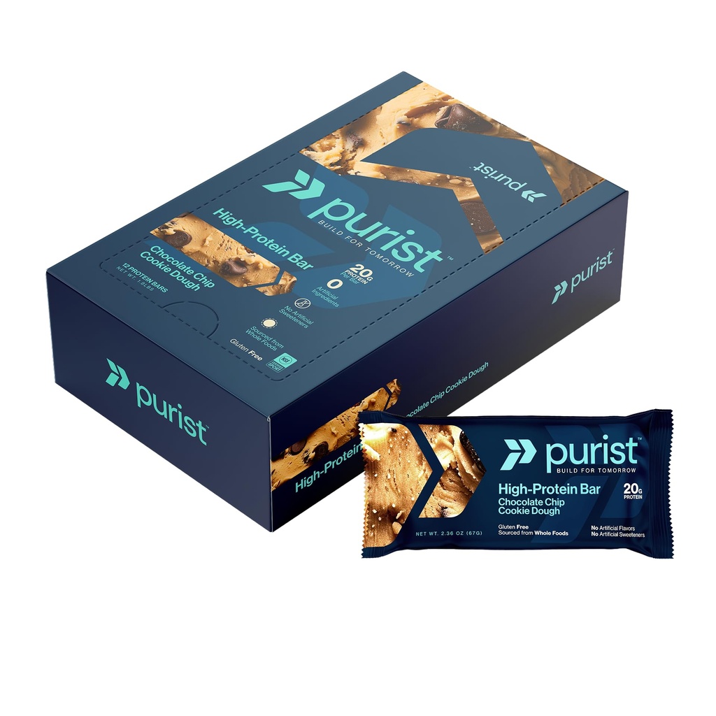 PURIST High Protein Bar Chocolate Chip Cookie Dough - Gluten Free, Clean Protein - 12 Bars