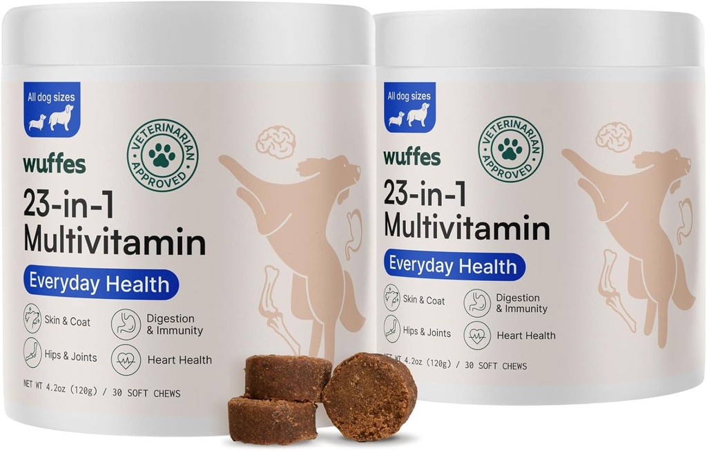 Wuffes 23- in-1 Chewable Hund Multivitamin & Kostbundle - Hund Multivitamin til små & store Breed - 2 Pack - 60 Greve