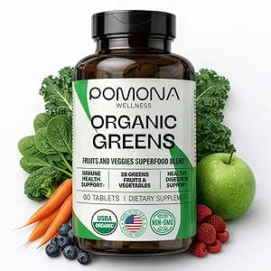 Pomona Wellness Super Green Supplement, fuld af superfood vitaminer og mineraler, Frugter & Vegetabilske, Grønne pulver til bloating og fordøjelse, Gut Health, USDA Organic, non-GMO, 60 tabletter