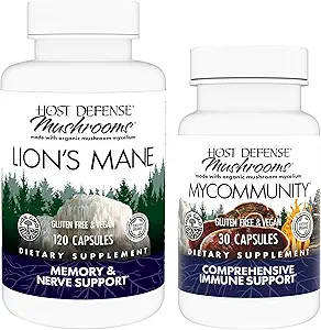 Host Defense Bundle med løvens Mane Kapsler, 120 Greve & MyCommunity Kapsler, 30 Greve - Support Brain Health, Memory & Focus - Support immunforsvar med 17 Arter Mushroom Blend *